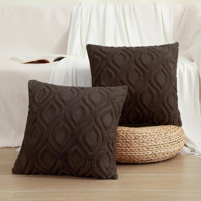 decorUhome Spring Throw Pillow Covers 20x20 Inch Set of 2, Soft Plush Faux Wool Brown Solid Couch Pillow Covers, Accent Farmhouse Neutral Square Pillow Cases for Sofa Bed Living Room