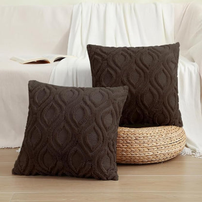decorUhome Spring Throw Pillow Covers 20x20 Inch Set of 2, Soft Plush Faux Wool Brown Solid Couch Pillow Covers, Accent Farmhouse Neutral Square Pillow Cases for Sofa Bed Living Room