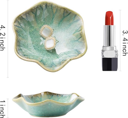 Ceramic Ring Dish, Jewelry Dish Holder, Small Trinket Tray Plate for Earrings Rings Necklaces Keys, for Mom Friend Sister, Retro Green