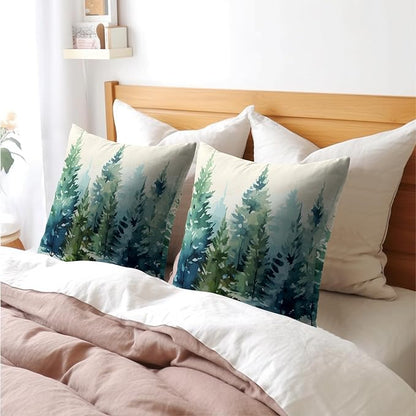 Watercolor Christmas Tree Pillow Covers 22x22 Set of 2 Blue Green Xmas Print Vintage Decorative Outdoor Throw Pillow Cases Rustic Winter Holiday Decoration Farmhouse Sofa Couch Cushion Cover Bed Decor