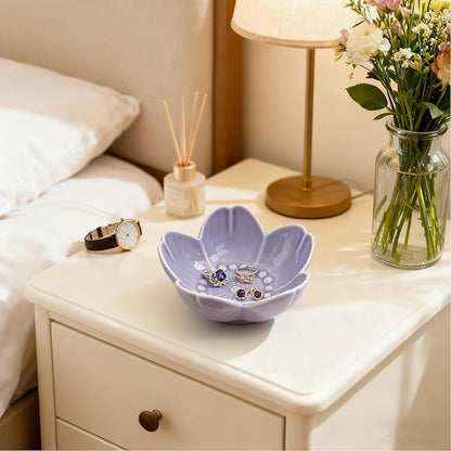 Purple Flower Ring Dish Jewelry Tray, Ceramic Jewelry Dish, Small Trinket Dish, Nightstand Bathroom Decor Ring Holder, Jewlery Plate Bowl for Christmas Friendship Birthday Gifts for Women Mom