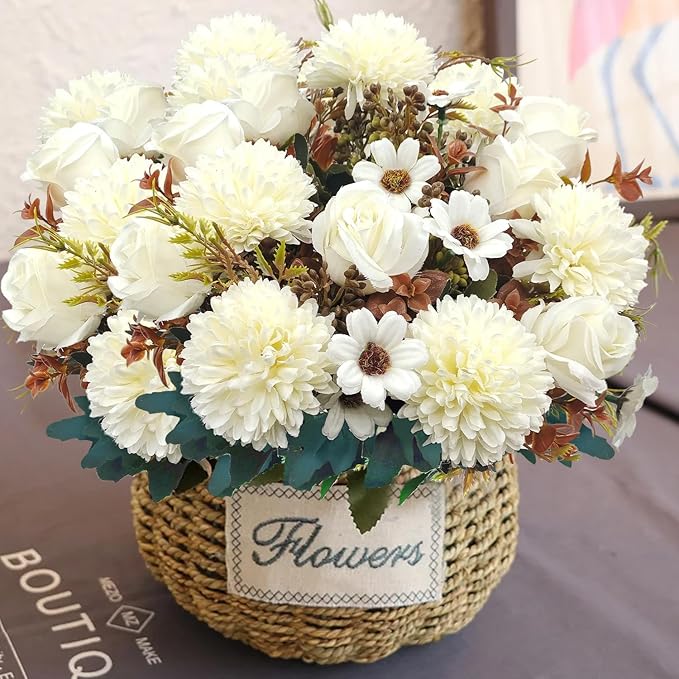 3 Pcs Fall Flowers Artificial Mums Silk Fake Mums Bouquet Faux Floral Arrangements Home Indoor Outdoor Planter Decor Party Wedding Table Autumn Decoration (White)