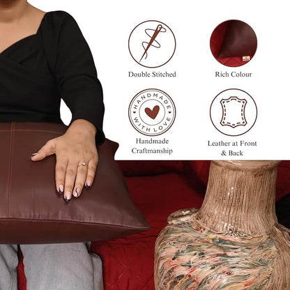 Lambskin Leather Pillow Cover - Sofa Cushion Case - Decorative Throw Covers for Living Room & Bedroom, 16x16 Inches - Dark Brown Plain Pack of 2