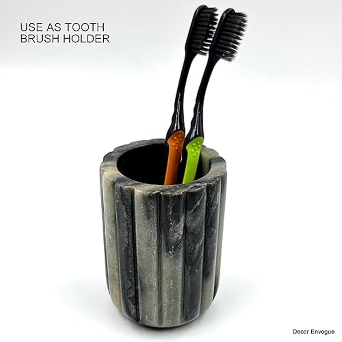 Décor Envogue Natural Scalloped Grey Marble SPA Collection Tumbler Toothbrush Holder Marble Pencil Pen Holder Stand for Desk, Makeup Brush Cup for Girls, Bathroom Tumbler Cup, Durable Office & Home