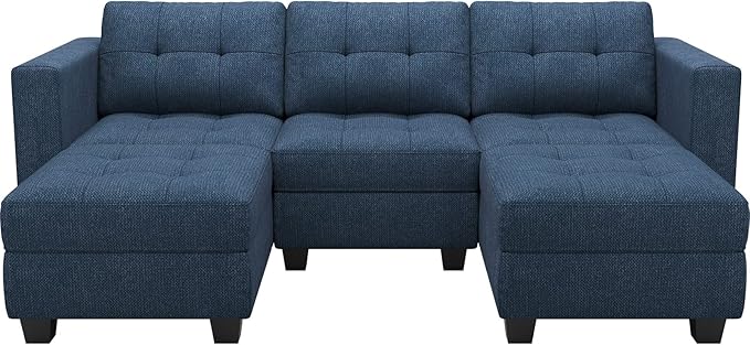 Belffin Modular Sectional Sofa Couch with Double Chaises U Shaped Sectional Sofa Modular with Storage Seat Modular Couch with Reversible Ottomans Blue