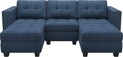 Belffin Modular Sectional Sofa Couch with Double Chaises U Shaped Sectional Sofa Modular with Storage Seat Modular Couch with Reversible Ottomans Blue