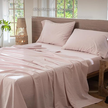 MooMee Bedding Sheet Set 100% Cotton Like Textured Breathable Durable Soft Comfy (Heathered Greyish Pink, Queen)