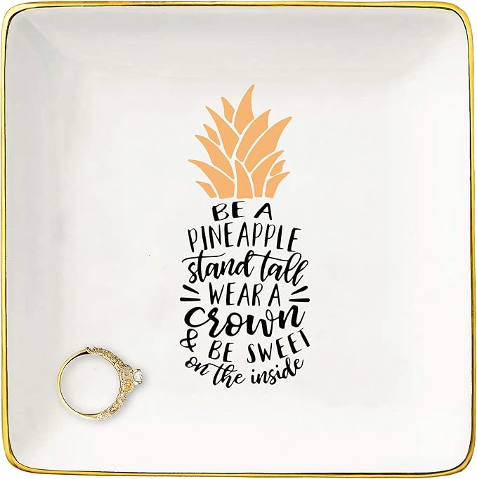 Be a Pineapple Stand Tall Wear a Crown – Ceramic Jewelry Holder Box Ring Dish Trinket Tray – Tropical Inspirational Gifts For Women Teen - Birthday Christmas Gifts for Women,Best Friends,Bestie
