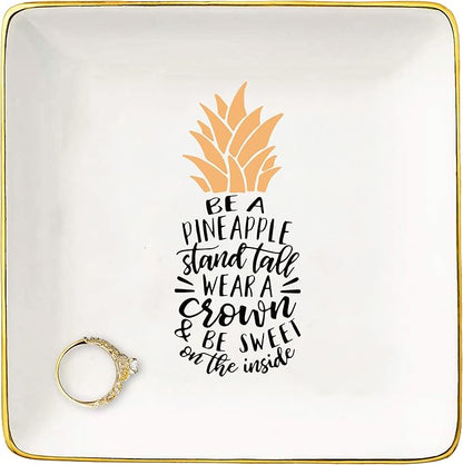 Be a Pineapple Stand Tall Wear a Crown – Ceramic Jewelry Holder Box Ring Dish Trinket Tray – Tropical Inspirational Gifts For Women Teen - Birthday Christmas Gifts for Women,Best Friends,Bestie