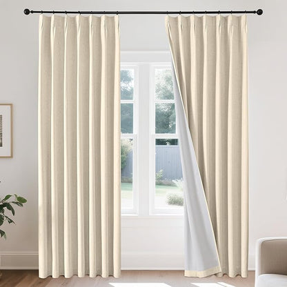 Joydeco 100% Blackout Pleated Curtains, Linen Window Curtains 2 Panel Sets 108 inches Long, Thermal Insulated Darkening Drapes for Bedroom(Bleached Sand,40'' Wx108'' L)