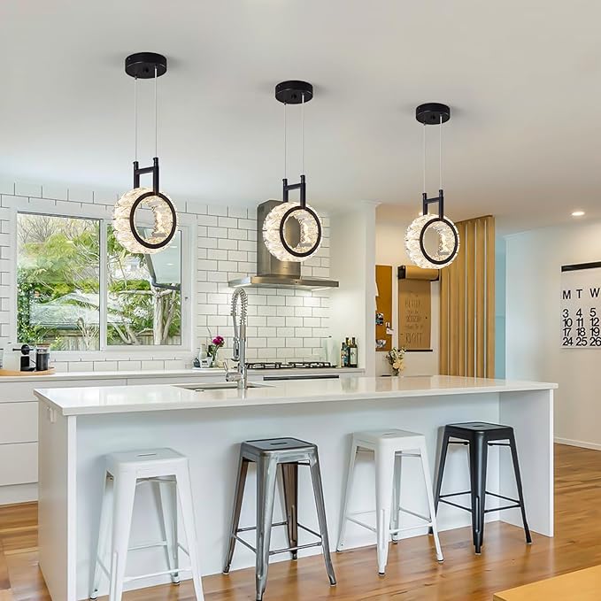 Kitchen Island Mini Light Fixture Modern Led Crystal Pendant Light Black Round Chandelier for Dining Room Living Room Kitchen Bedroom Bar（1-Pack）