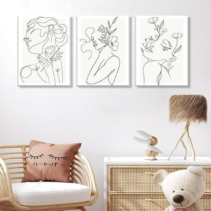 yulihaz Minimalist Woman Flower Line Wall Art Large Framed 16x24 inch Set of 3 Neutral Modern Abstract Black and White Girl Plant Canvas Painting Print Picture Decor for Bedroom Living Room