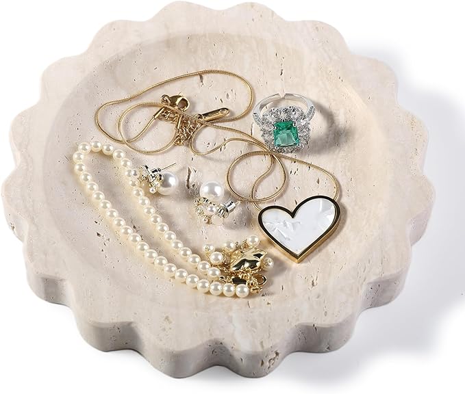 Koville 5.51" Travertine Tray, Round Stone Jewelry Dish for Ring Necklace Earring Perfume, Natural Marble Tray for Countertop Bathroom Kitchen Dresser, Beige Decorative Tray