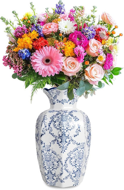 Chinoiserie Vase,9.5 inch Blue and White Vase,Vintage Ceramic Vases,Flower Vase for Centerpiece,Chinese Cute Vases for Living Room, Office,Home Decor (Blue White, Large)