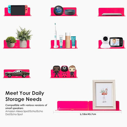 OAPRIRE Acrylic Floating Shelves Set of 2 - Easily Expand Wall Space - Small Wall Shelf with Strong Adhesive for Bedroom, Kids' Room, Bathroom, etc (Fluorescent Pink)