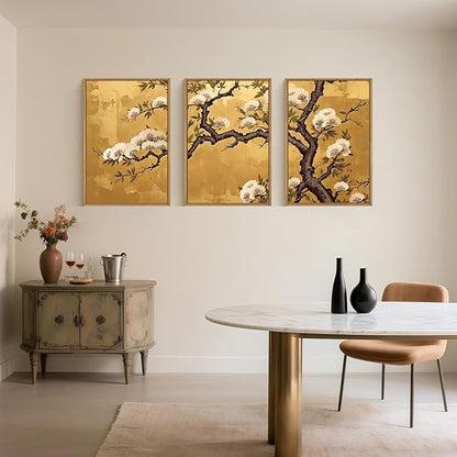 Large Vintage Plum Blossom Framed Canvas Wall Art,Neutral Golden White Floral Wall Decor,Retro Nature Flower Artwork,Modern Neutral Wildflower Art Print for Living Room,Bedroom,Office-16"x24"x3