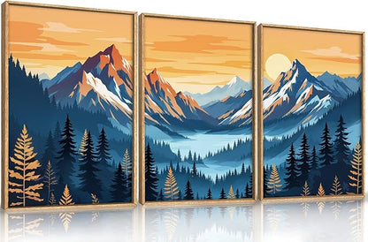 HLNIUC Boho Abstract Blue Orange Mountain Wall Art Framed, Large Pine Tree Ridge Wall Decor set of 3 (16"x24"), Sunset Forest Landscape Canvas Painting, Nature Prints for Living Room, Bedroom, Office