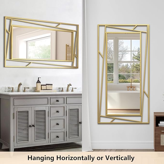 Brushed Gold Bathroom Mirror, 45''X30'' Rectangular Wall Mirrors with Geometric Metal Frame for Bathroom Bedroom Living Room, Hang Horizontally or Vertically