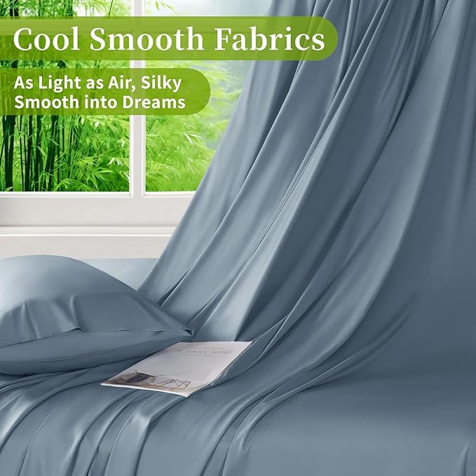 Shilucheng 100% Viscose Derived from Bamboo Cal King Size 4pcs Ultra Cooling & Silky Soft Bed Sheets, 16" Deep Pocket, Perfect for Hot Sleepers, Hotel Bedding Sheets (French Blue)