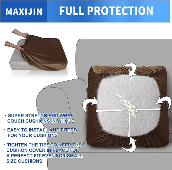 MAXIJIN Velvet Stretch Cushion Covers Couch Cushion Slipcovers Loveseat Sofa Cushion Covers for Individual Cushions with Elastic Bottom (2 Piece Loveseat Cushion Covers, Dark Coffee)