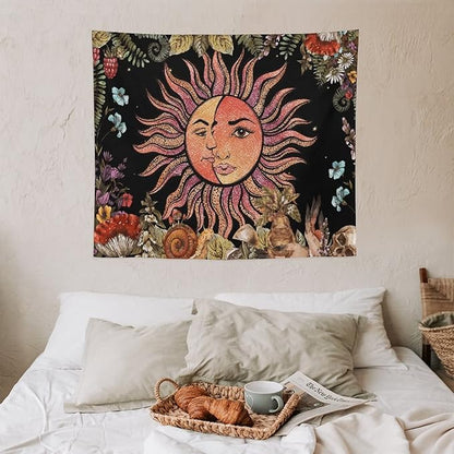 Vintage Sun Tapestry,Boho Hippie Mushroom Plant Botanical Sun and Moon Art Tapestries Wall Hanging for Dorm Living Room Bedroom Decor(50"x60")