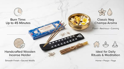 Wooden Holder with Nag Champa 250 GMS Incense Gift Set with Wooden Holder Hand-Rolled Agarbatti | Long-Lasting Floral Aroma for Pooja, Meditation & Home Fragrance