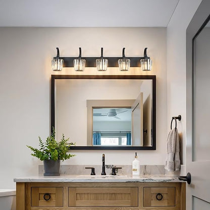 Modern Bathroom Vanity Light, 5-Light Black Wall Sconce with Crystal Accents, Over Mirror Bathroom Lighting Fixture, 42.51" Long Dimmable Vanity Lamp for Makeup, Easy Installation
