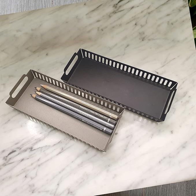 Metal Pen Pencil Tray Holder Office Desk Drawer Organizer Small Vanity Accessory Storage (Black)