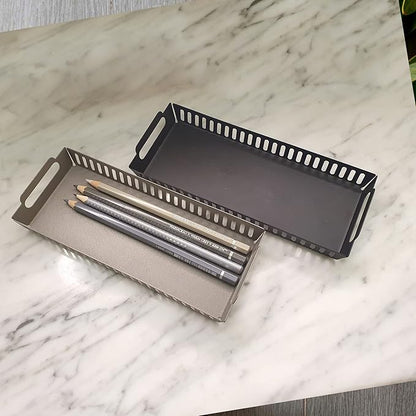 Metal Pen Pencil Tray Holder Office Desk Drawer Organizer Small Vanity Accessory Storage (Black)