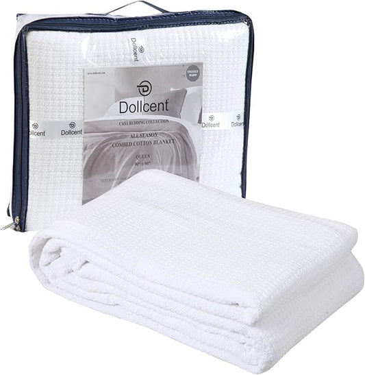 DOLLCENT 100% Cotton Queen Size Blanket for Bed, Premium Soft Combed Lightweight Blankets, Washed Breathable Cozy Bed Throw Blanket, White Queen Cotton Blankets for All Season: White (90"x90")