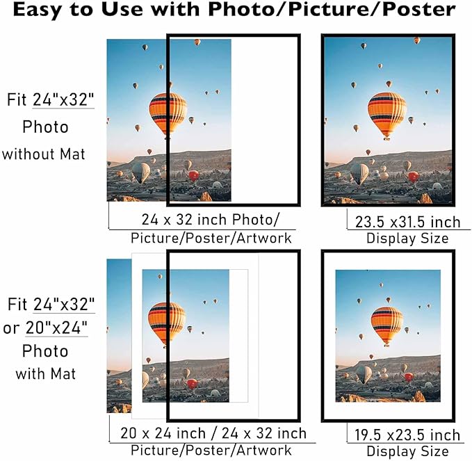 24x32 Picture Frame with 20x24 Mat Set of 2, Display Photo 20x24 with Mat or 24 x 32 Without Mat, Wall Hanging Large 24 by 32 Poster Frame with Plexiglass, 2 Pack, Black
