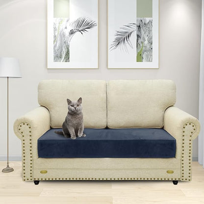 MAXIJIN Velvet Stretch Couch Cushion Covers Soft Loveseat Cushion Cover Replacement Sofa Seat Cushion Slipcovers RV Protector with Elastic Bottom (1 Piece Loveseat Cushion Cover, Navy Blue)