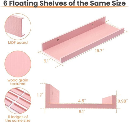 upsimples Pink Shelves for Wall, Pink Room Decor for Teen Girls, Bedroom, Living Room, Game Room, 6 Pack Wall Mounted Wood Shelves for Picture, Plants