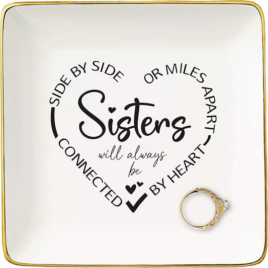 Side By Side Sisters Gift-Emotional Gifts for Women,Sister-in-Law Sister,Bestie,BFF,Best Friend Female Gifts-Unbiological Sister Gifts-Birthday Christmas Gifts-Jewelry Tray Trinket Holder Ring Dish