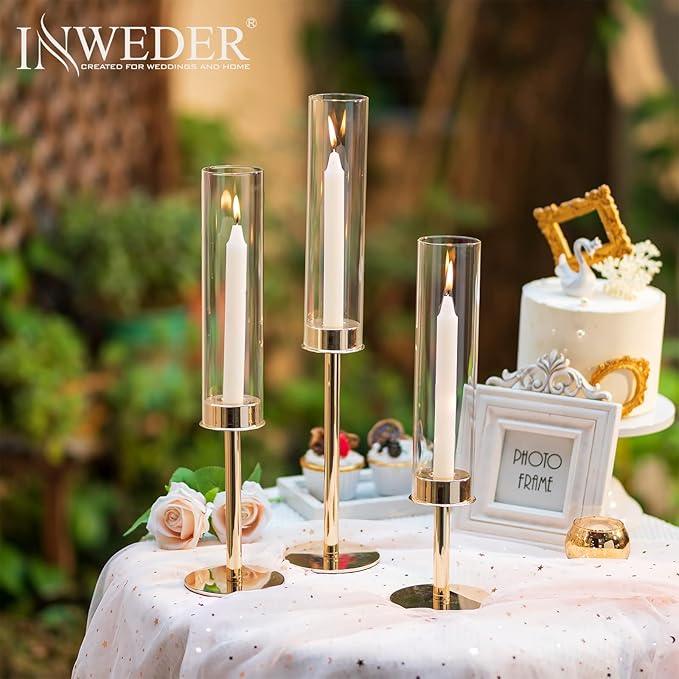 Gold Candle Holders for Candlesticks - Taper Candle Holders with Removable Glass, Tall Brass Candlestick Holders, Candle Stand Candle Sticks Long Holder for Table Centerpiece, Wedding, 30Pcs