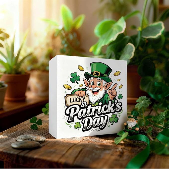 St. Patrick's Day Decor Lucky St Patrick's Day Wooden Box Sign, Cartoon Leprechaun Irish Theme Tabletop Decor for Home Bar Shelf Desk, Farmhouse Holiday Wooden Decoration Party Gift 5 x 5 Inches