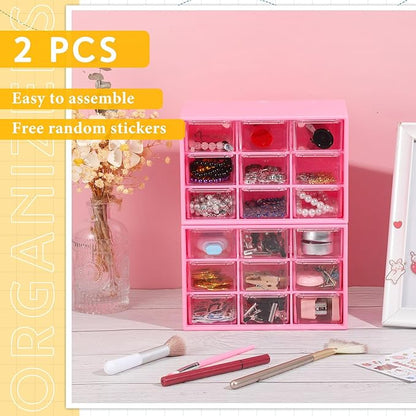 Wenqik 2 Pcs Mini Storage Drawers Teacher Toolbox Organizer with 9 Clear Drawers Small Plastic Desktop Teacher Desk Craft Organizer for Classroom Office 7" x 3. 9" x 4. 7"(Rose Red)