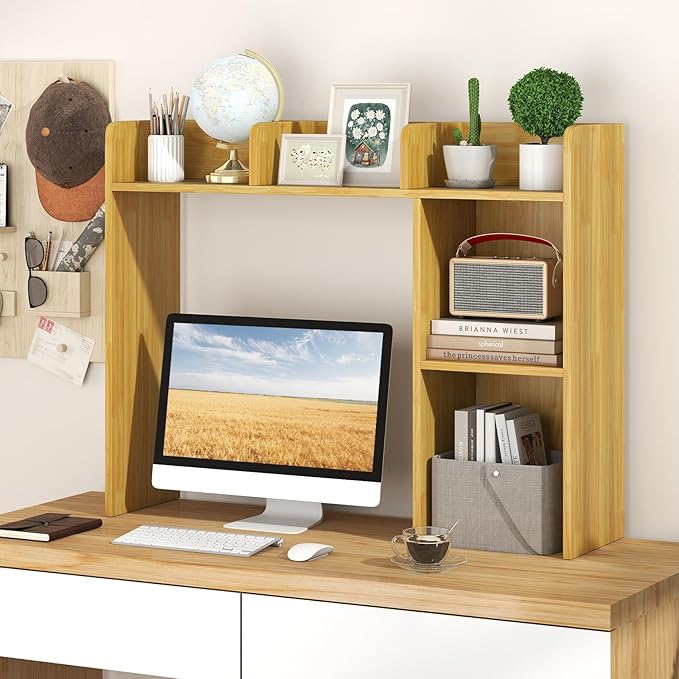 Desktop Bookshelf, 3-Tier Wood Countertop Bookcase with 5 Shelves, Desk Hutch for College Dorm, Multipurpose Desk Organizer Shelf Display Rack for Home Office, Hutch Top Only