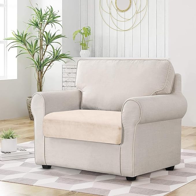 Couch Cushion Cover Velvet 1 Piece Seat Cushion Cover Stretch Armchair Cover Separate Sectional Sofa Slipcovers Furniture Protector (1-Seater or Sofa Backrest, Beige)