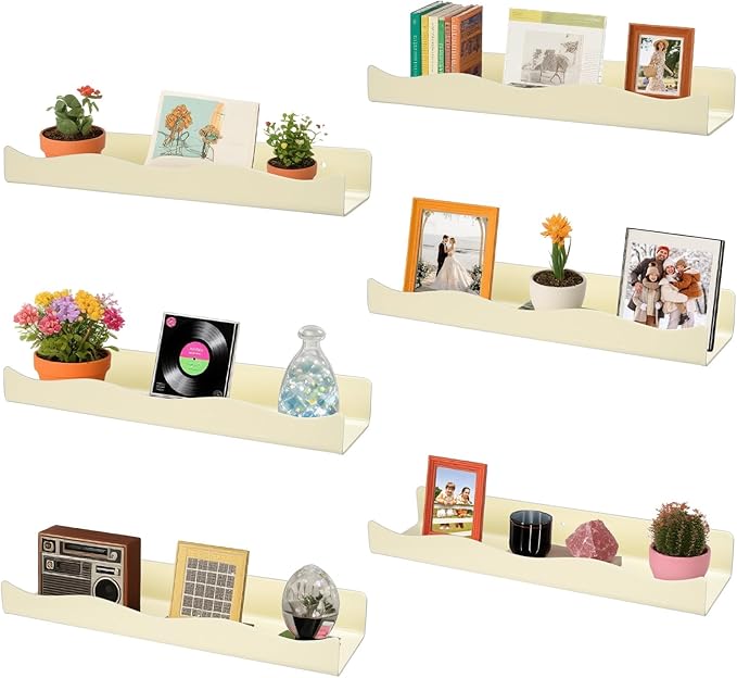 Acrylic Wall Shelf Organizers 15 Inch Floating Shelf for Wall Decor Bookshelf for Kids Modern Beige Wall Mount Shelf for Living Room, Bedroom, Bathroom(6, Yellowish Beige)