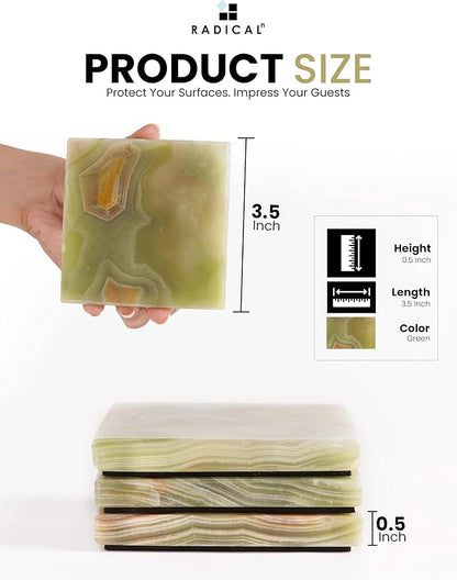 Radicaln Marble Coasters Square 3.5" Inches Green Onyx Handmade Modern Coasters for Drink, Stylish Drink Coaster for Dining Table Set for 6, Ideal Home Decor