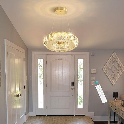 Crystal Round Chandelier Modern LED Dining Pendant Lights for Kitchen Island Dining Room Remote Dimmable Hanging Light Entrance Bedroom Lighting Gold