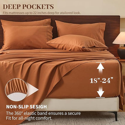 MEISHANG 100% French Pure Linen Sheets California King Size - 6 PC Extra Deep Pocket Sheet Set, Soft Durable Flax Linen, Anti-Tear Breathable & Oeko-Tex Certified 18-24 Deep Pocket,All Season(Orange)