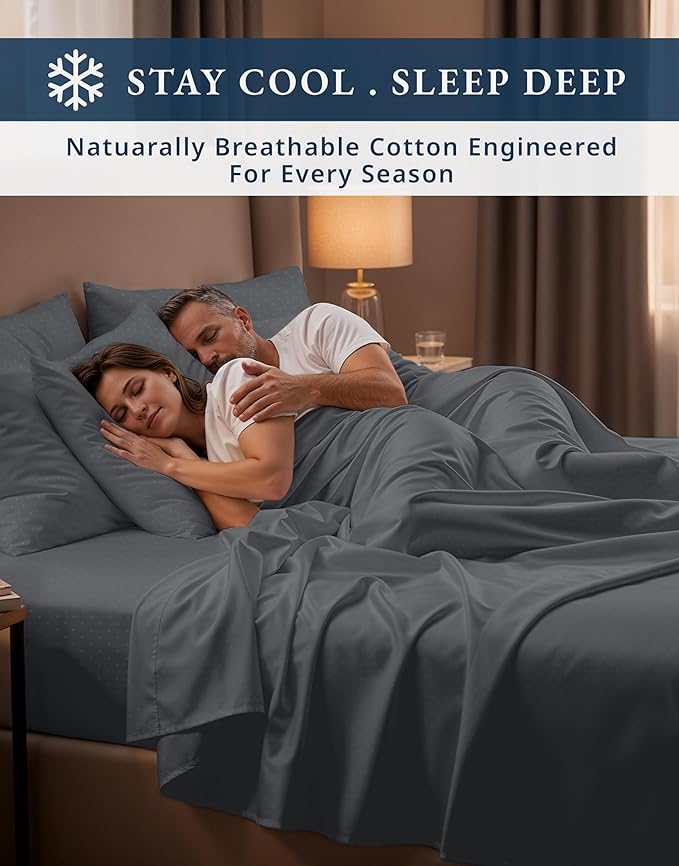 100% Egyptian Cotton Sheets Queen Size Set – Silky Sateen Weave for Winter Comfort, 15" Secure Fit Deep Pocket Queen Sheet Set, Breathable, Hotel-Quality Soft Luxury You Can Feel - Swiss Dot Charcoal