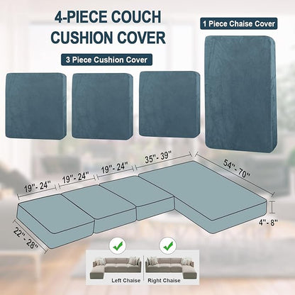 NAISI Sectional Couch Cover 4 Pieces Velvet Separate Couch Cushion Covers L Shape Soft Stretch Sofa Slipcovers with 2pcs Pillowcases for Left/Right Chaise Sectional Couch(3 Seater+1 Chaise,Teal)