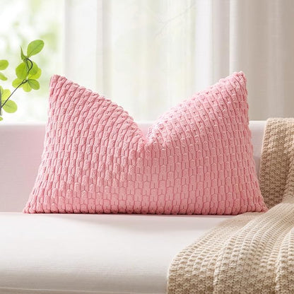 Kevin Textile Valentines Day Decorative Pillow Covers Set of 2 Striped Plush Corduroy Rectangle Lumbars Boho Home Decor Cushion Covers for Couch Sofa Bed Living Room 12x20 Inch, Pink