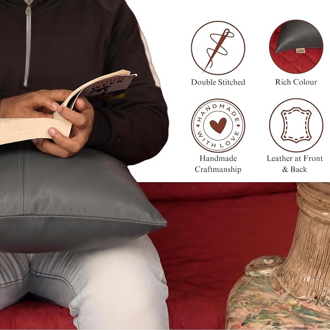Lambskin Leather Pillow Cover, Hand Panel Stitched Leather Decorative Throw Pillow Covers for Couch Sofa Bed Living Room Garden (22x22 Inches, Dark Grey Pack of 1)