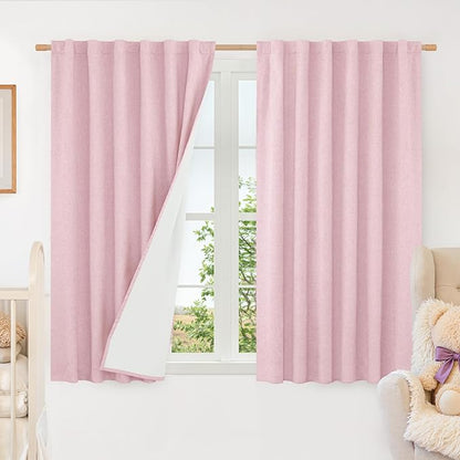 LAMIT Full Blackout Window Curtains for Baby Girl Bedroom, 54 Inches Thermal Farmhouse Curtains Back Tab and Rod Pocket Privacy Protected Panels with White Liner, 2 Panels, 52 x 54 Inch, Pink