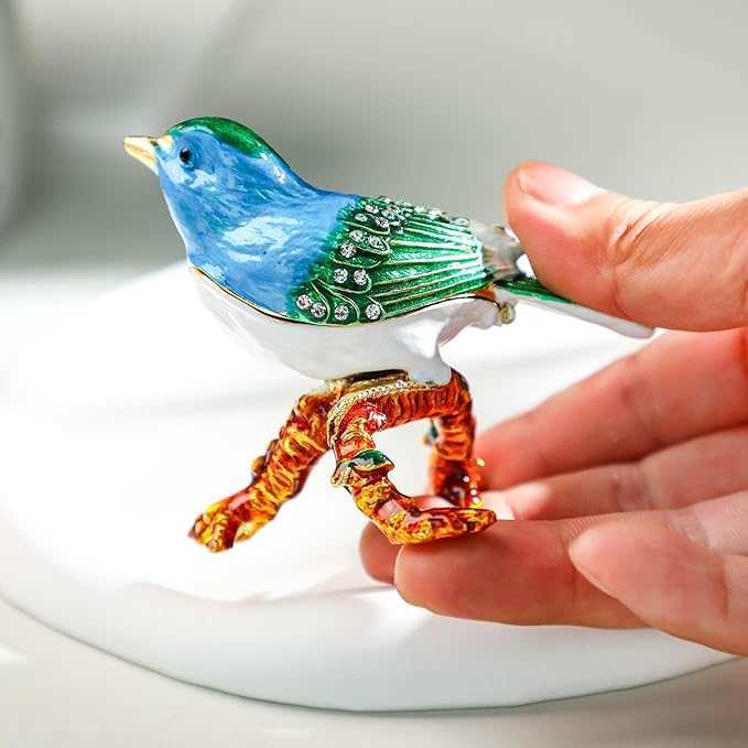 YU FENG 3.1inch Blue Bird on a Branch Trinket Box Small Hinged Trinket Boxes Bird Enamel Jewelry Trinket Box Animal Figurine Ring Box Christmas Gift for Daughter Girl Women