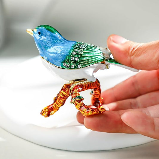 YU FENG 3.1inch Blue Bird on a Branch Trinket Box Small Hinged Trinket Boxes Bird Enamel Jewelry Trinket Box Animal Figurine Ring Box Christmas Gift for Daughter Girl Women